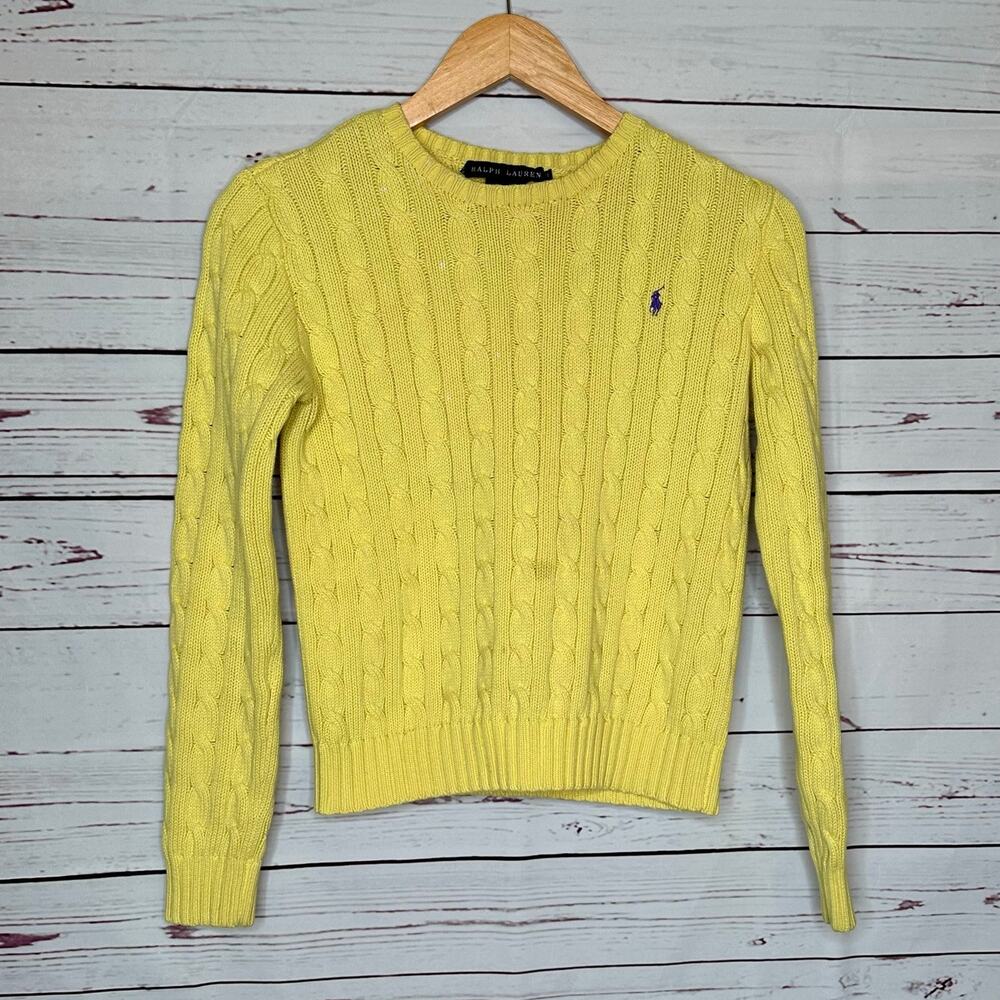 Ralph Lauren yellow with purple logo cable knit cotton sweater size small